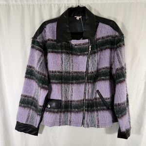 POL Jacket Women's Large Purple Fur Black Full Zip Faux Lether Long Sleeve